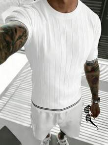 GRDR Men's Summer Ribbed Crew Neck Knit Short Sleeve Sweater - White - View 3