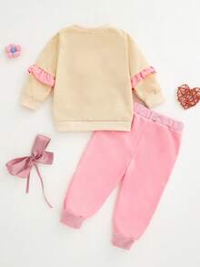 Baby Girls Autumn/Winter Outfit, Ruffle Collar Bow Pullover Sweatshirt, Hoodie, And Sports Pants Set - Apricot - View 2