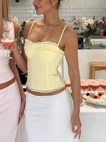 .Y Lace Trim Corset Top Low Cut Bustier Tops For Women Sleeveless Spaghetti Strap Crop Top For Going Out Party Club - Yellow - View 4