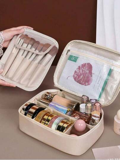 Travel Makeup Bag - Space-Saving And Convenient, Made Of PU Material With Waterproof Performance. Spacious Interior Compartments, Detachable Hook And Loop Dividers And A Detachable Brush Holder (With Dust Cover). This Multi-Functional Organizer Is Perfect For Travel Use.