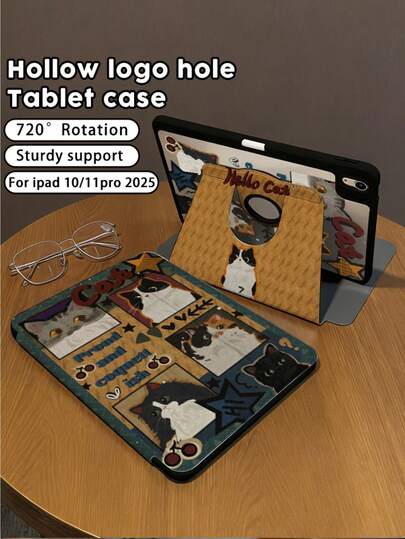 这款保护套适用于 iPad 10/9/2025 和 11 英寸 iPad Pro，采用复古卡通猫双面图案设计，透明亚克力后盖，具备自动唤醒/睡眠功能、多角度支撑和笔槽。它是办公和学习的必备之选，并且是一款非磁性保护套。