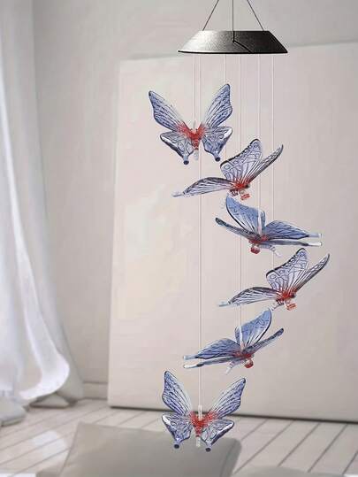 1 pieza Carillón de viento con mariposa alimentado por energía solar, carillón de viento con mariposa solar de 6 LED con cambio de color, lámpara de mariposa solar romántica, adecuada para decoración del hogar, patio, balcón y jardín exterior