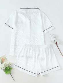 2PCS Womens Leopard Print Pajama Sets Pj Set Short Sleeve Button Down Shirt With Shorts - trắng - Xem 7