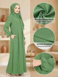 Gaun Tidur Panjang Longgar Warna Polos Leher Bulat Elegan untuk Wanita - Hijau - View 2
