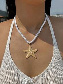 1pc Bohemian Style Polyester Rope Zinc Alloy Starfish Pendant Necklace, Perfect Gift For Beach Vacation - 26700-white - View 2