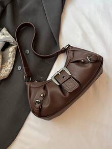 1件装女士复古摩托朋克铆钉装饰可调节肩带大容量柔软仿油皮渐变色单肩/腋下包，适合工作、通勤、约会、派对等场合。 - 咖啡 - 查看 4