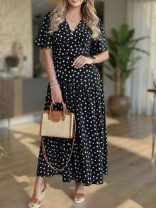女士长款夏季连衣裙，女士休闲波点短袖V领开衩下摆针织连衣裙 - 黑色 - 查看 3