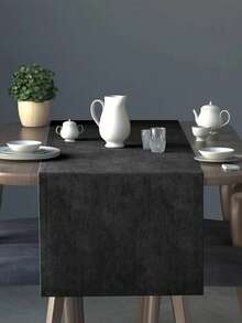 Soft Velvet Textured Stain Resistant Modern Table Runner - Minimal Dining Room Decor - Luxury Elegant Table Setting - Black - View 2