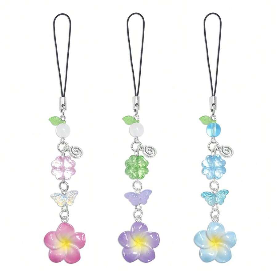 Y2K Cute Phone Charms Set - Aesthetic Cherry,Flower, Butterfly & Star Cell Phone Straps, Kawaii PhoneAccessories For Bag Keychain, , Camera Decor - 藍粉紅紫花 - 查看 1