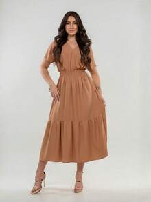 Set Of 2 Women's Midi Dresses With V-Neck, Ruffled Hem, And Modern Casual Style - Gạch/Xanh lá cây - Xem 4