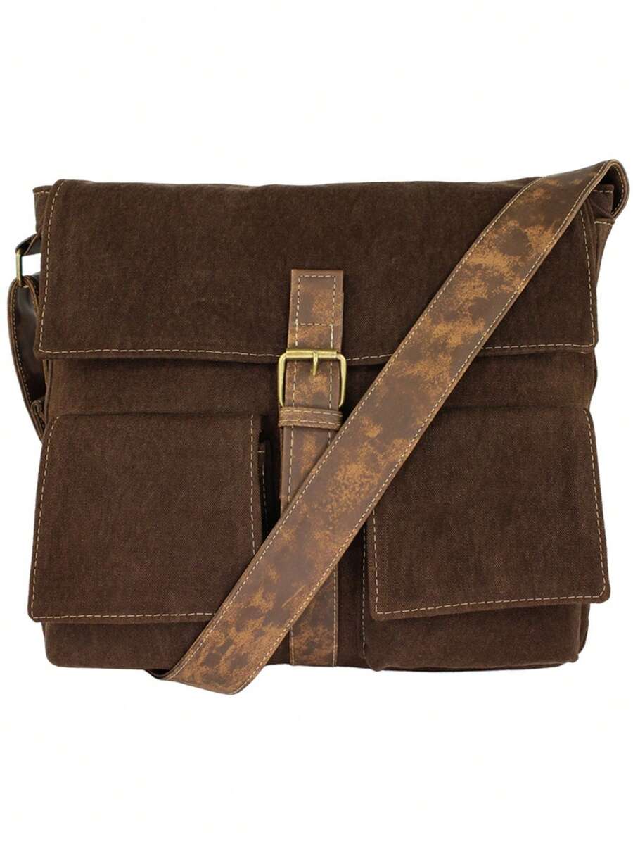 Vintage Style Messenger Bag, Canvas Crossbody Bag, University Style - Rust Brown - View 1
