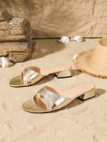 Women's Fashion Simple Comfortable Metal Gold Mule Low Heel Round Toe Open Toe Sandals - Gold - View 6