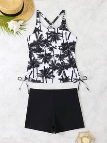 2-Piece/Set Of Palm Tree Print Tankini Swimsuits For Women - A Sexy Sleeveless Vest Style Swimsuit, High Stretch Fabric, Palm Tree Design For Women, Beach And Pool, Beach Swimsuit | Tropical Print | Stretch Fabric - 黑色 - 查看 7