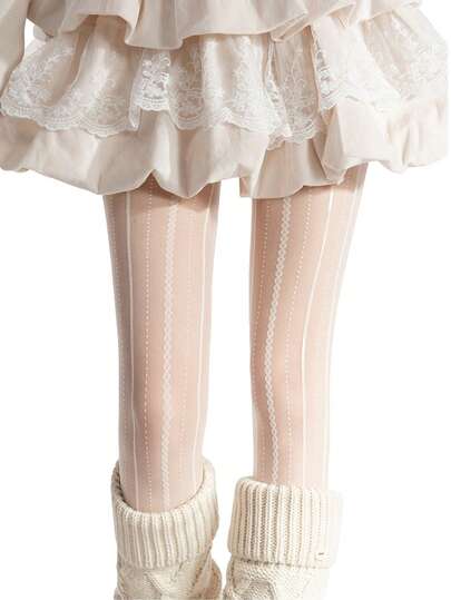 1 Pair Women's Ivory Lace Vertical Striped Sheer Pantyhose, Vintage Floral Thin Tights, Cute Girl Decor Leggings, Suitable For Cute JK Lolita Outfits