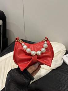 1pc Sweet Bow Handbag Shoulder Bag, Fashion Casual Solid Color Small Size, Meets Basic Storage Needs, Multi-Color Options, Exquisite Versatile, Suitable For Daily Outings, Shopping, Photography, Gifts For Teenagers, All Seasons - Pearl Handbag - View 13