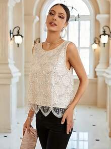 女士优雅派对上衣 - 无袖亮片衬衫，轻薄透气，适合正式/休闲场合 - 易于打理，可手洗，适合晚宴穿着，夏季时尚，纹理设计，精致缝线，闪亮亮片，派对礼服 - 杏色 - 查看 6