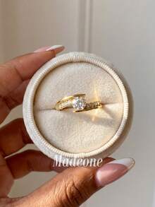 Stylever 1枚S925纯银精致十字圆环戒指，优雅珠宝礼品，适合女孩、婚礼、晚宴、派对、订婚、新娘佩戴。 - 金色 - 查看 2