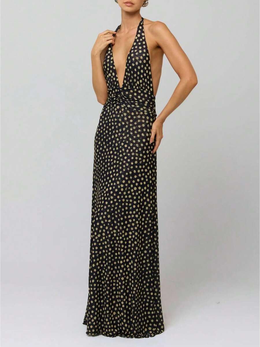 Women Ruched Polka Dot Long Dress Backless Low Cut Halter Neck Maxi Dress Dots Print Wedding Guest Party Gown - Black - View 1