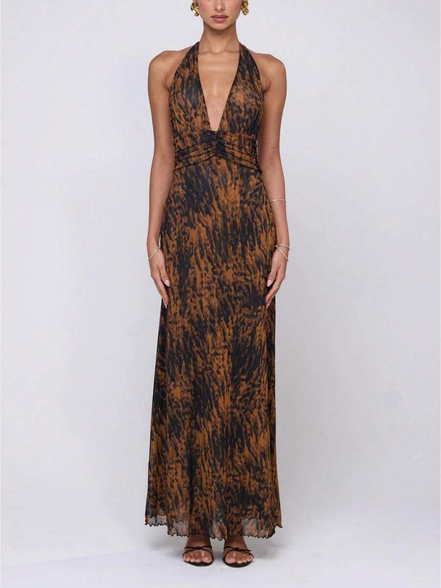 Women Ruched Polka Dot Long Dress Backless Low Cut Halter Neck Maxi Dress Dots Print Wedding Guest Party Gown - 深棕 - 查看 1