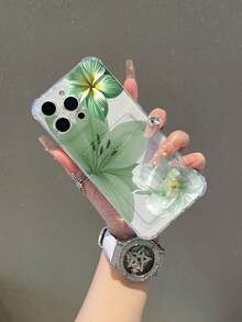 1pc Green Lily Pattern Transparent Anti-Drop TPU Phone Case, Can Be Used As Holiday Gift, Suitable For IPhone XS/XS Max/XR/11 12 13 14 15 16 Pro/17/Pro Max/14 15 16 Plus, Card Holder - Clear - View 3