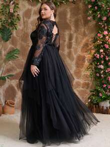 Robe de soirée élégante et glamour pour femmes en grande taille, avec patchwork de maille et de dentelle, fermeture éclair. Convient pour les invités de mariage, avec encolure en cœur et manches longues. Robe de bal longue en dentelle, idéale pour les mariages, les fêtes et les occasions formelles, pour le printemps/l'été/l'automne/l'hiver - Noir - Voir 3