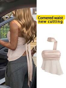Áo quây satin mới dành cho nữ kèm khăn quàng cổ, áo croptop mùa hè. - Rượu sâm banh - Xem 8
