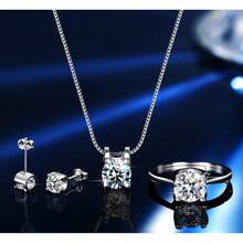 一套1克拉S925纯银莫桑石牛头形戒指、项链吊坠、耳环三件套首饰，时尚个性，适合女性日常佩戴。 - 銀色 - 查看 5