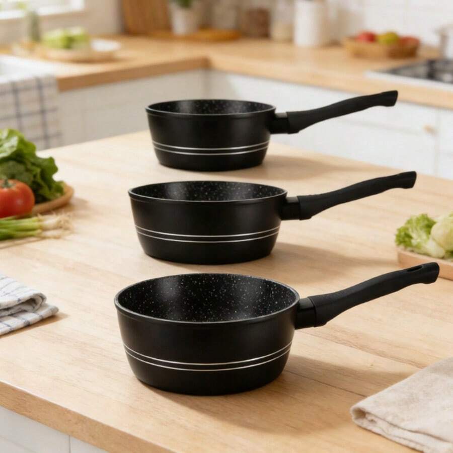 3-Piece Cookware Set - Nonstick Aluminum Frying Pan / Black Stone Coated Saucepan & Skillet / Multi-Burner Compatible Cooking Pots (Pattern Random) - Black - View 1