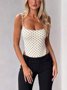 Women's Polka Dot Bodysuit, Y2K Backless Bodycon Romper, Square Neck Thong Bodysuit, Adjustable Shoulder Strap Cami Bodysuit Top, Ultra Thin G-String Bottom, One Piece Camisole Slim Crop Tank Jumpsuit For Summer Streetwear - 米色波點 - 查看 6