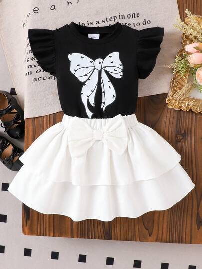 2pcs Girls Elegant School Style Black Cap Sleeve T-Shirt + White Cake Skirt Set, Summer Vacation