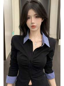 2026 New Knitted Sweater, Pure Desire Style Pattern Stitching Pleated Long Sleeve Faux Two-Piece Top Women's Spring Korean Style College Style Shirt, Cold Protection, Long Sleeve Top, Valentine's Day. - Black Premium Edition - View 4