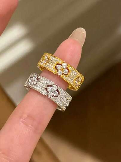 خاتم فرنسي فاخر من الفولاذ المقاوم للصدأ مزين بأوراق البرسيم ذات الأربع أوراق والزهور النجمية، خاتم أبدي عصري فاخر مرصع بالحجارة الصغيرة