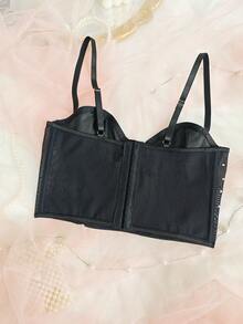 1pc Black Rhinestone Spaghetti Strap Tight Top - Mesh Panel Waist Cinching Bust Enhancing Sexy Chic For Dates & Parties - Black - View 10