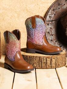 Toddler Little Boys Girls Cowboy Boots Kids Western Square Toe Riding Mid Calf Boots - 棕色/多色 - 查看 4
