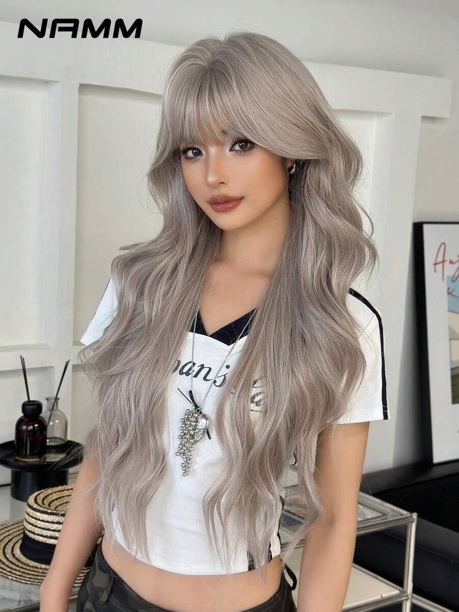 NAMM 28英寸蓝色超长波浪假发，女士款，蓬松波浪卷发带刘海，全机织合成纤维假发，适合日常办公、音乐节派对、角色扮演等场合佩戴 - 樱花庆典魅力派对街头风摄影 - 女孩礼物假发配件