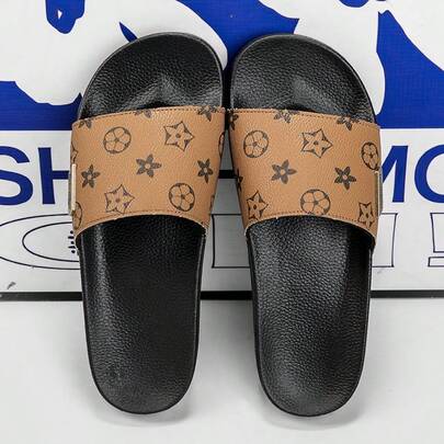 1 Pair Men's (Women's) Slippers With Special Print Design, TPR Sole, Non-Slip Indoor Slippers, Men's Beach Sandals, Extremely Comfortable, Non-Slip And Durable Casual Men's Slippers, Men's Sandals, Suitable For Daily, Casual And Holiday Wear, Summer Style (Khaki Couple Style)