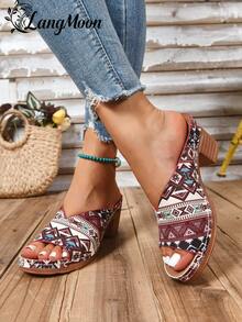 LangMoon 2026 Geometric Pattern Chunky Heel Sandals, Retro Printed Upper + Stabilizing Thick Heel, High-Appearing Yet Comfortable, Non-Slip Outsole, Personalized-Catching Suitable For Commuting, Vacation, Dating, Versatile Spring/Summer Footwear - Blue Bohemian - Horizontal Stripes - View 5
