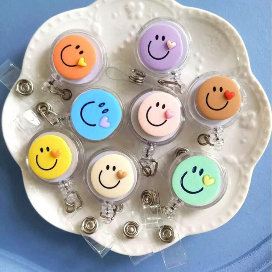 8pcs Random Color Cute Nurse Badge, With Retractable Clip Cartoon Employee ID Badge,School Supplies,Back To School - 8 Color Smile Badge - View 1