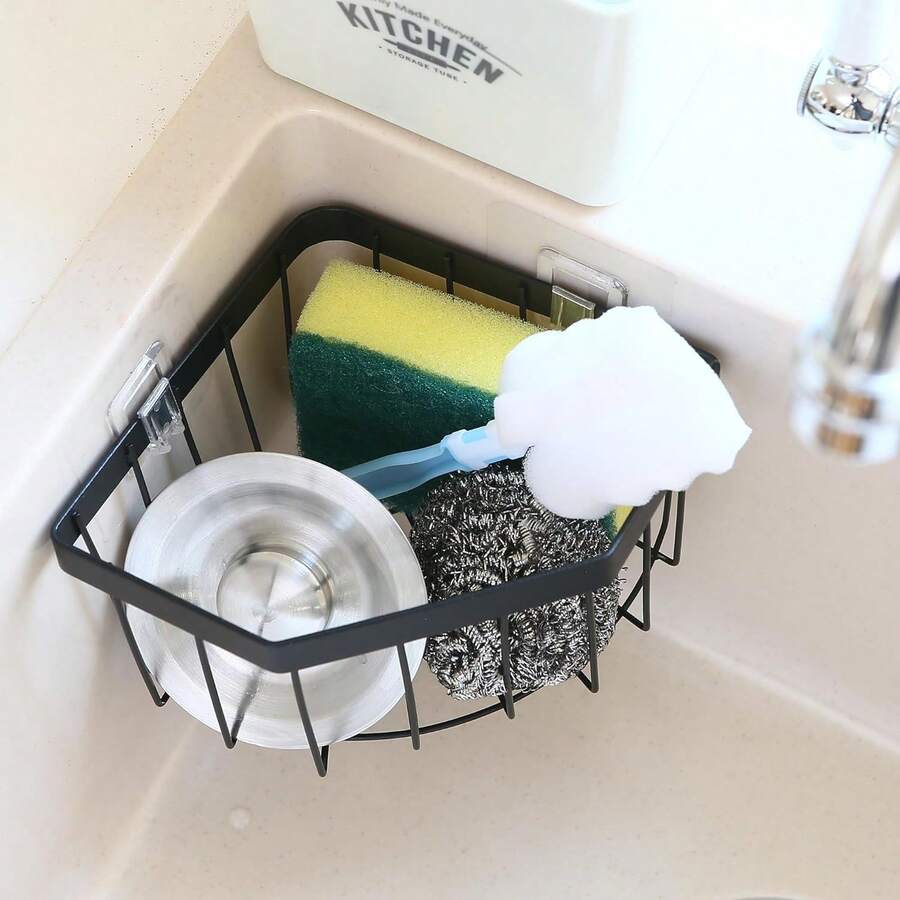 Under Sink Sponge & Scrubber Organizer - Self-Draining Corner Basket With Strong Adhesive, Space-Saving ABS Plastic Storage For Kitchen - màu đen - Xem 1