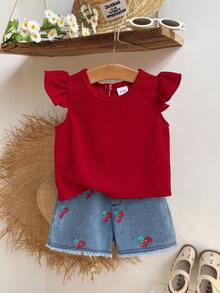 2pcs Baby Girls' Sweet Lovely Red Ruffle Sleeve Waffle Top And Blue Cherry Print Shorts Set, Suitable For Street And School Wear - Red - View 2