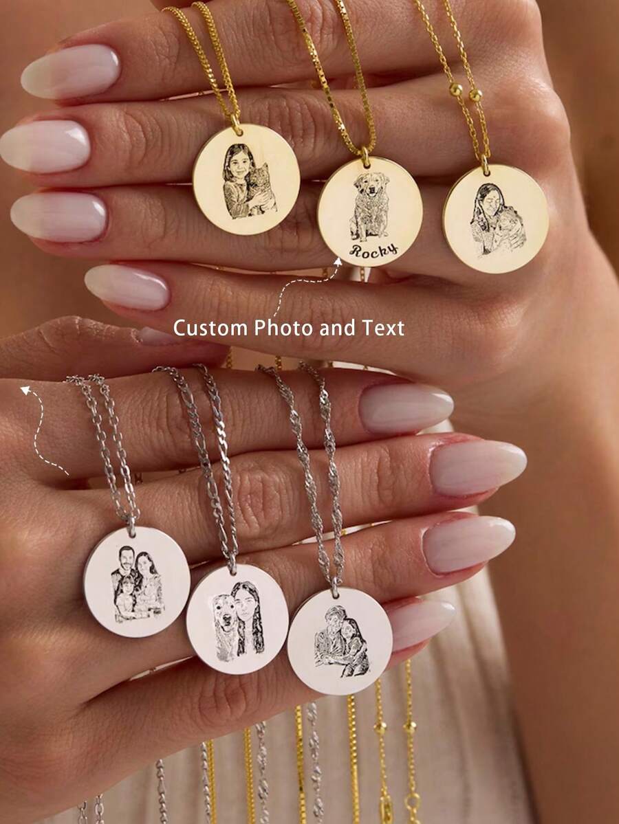 1pc Minimalist Stainless Steel Customized Photo Necklace, Can Be Engraved With Photo And Text, Personalized Pendant Necklace Suitable For Boyfriend, Girlfriend, Dad, Mom, Family, Friends, Pets, Anniversary, Birthday, Graduation, Prom, Party, Valentine's Day Gift - Multicolor - View 1