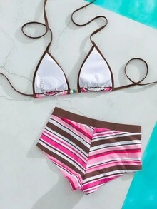 女士复古黄色波点印花比基尼套装，复古撞色泳装，适合外出、生日派对、休闲穿着，Y2K风格，2000年代风格，优雅，老钱风格，街头风，度假，夏季沙滩装 - 多色1 - 查看 8