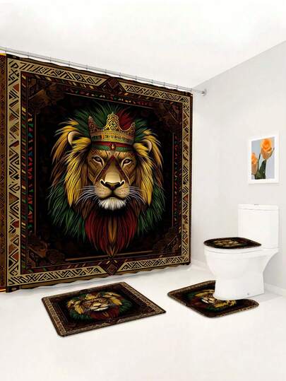 1/4 Pcs African Crown Lion Print Shower Curtain, Waterproof Bathroom Curtain Tapestry Wall Decor, Non-Slip Bath Mat, Toilet U-Shaped Mat & Cover, Modern Home Decor With 12 Curtain Hooks, Polyester Fabric, Machine Washable, Suitable For Hotel, Apartment, Bathroom Decoration, All Seasons, Great Gift For Friends And Family