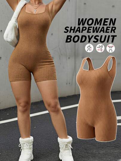 1 pieza Mono de control de figura sin costuras de algodón acanalado para mujer de talla grande, diseño de escote cuadrado, soporte de busto, cintura ceñida, moldeado del abdomen, adecuado para deportes de verano y salidas diarias