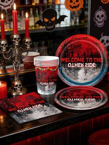 10件/20件生日派对装饰套装 - 欢迎光临，红黑纸盘、纸杯、餐巾纸，恐怖森林惊悚主题派对装饰，生日派对用品及礼物 - 彩色 - 查看 4