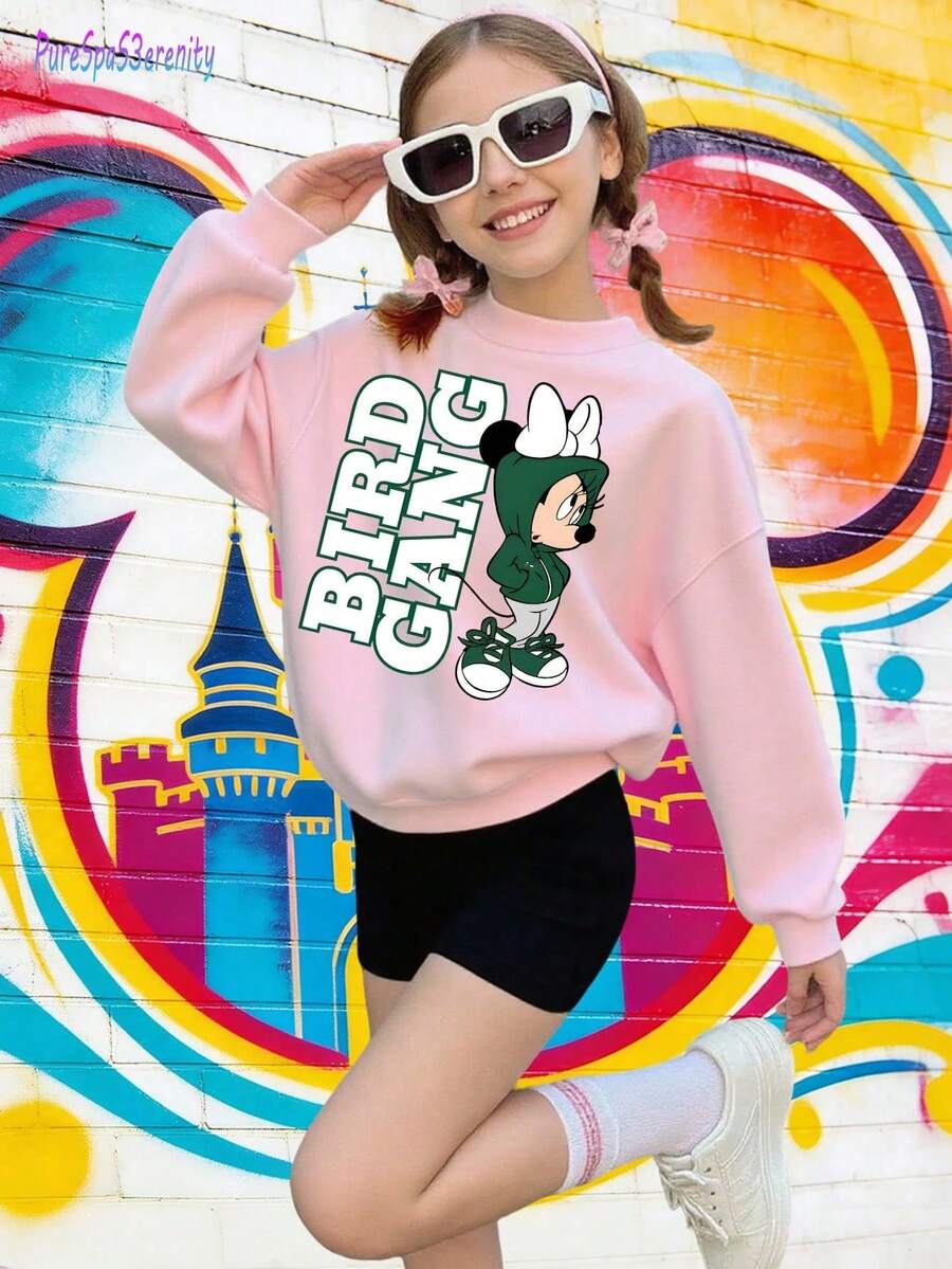 1 Disney Street Style Minnie Mouse BIRD_GANG Graphic Print Cute Casual Sweatshirt - Soft And Versatile, Suitable For Everyday Wear, School, And Outings To Amusement Parks. - Pink - View 1