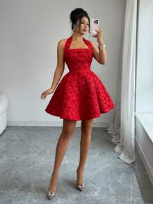 Đầm mini dáng xòe không tay, cổ yếm, yếm, chất liệu jacquard, dành cho nữ, thích hợp mặc hàng ngày, hẹn hò và dự tiệc, phong cách thanh lịch kiểu Pháp. - Đỏ - Xem 8