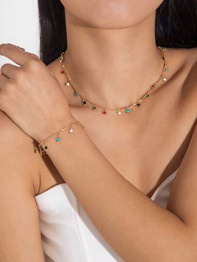 1条项链+1条手链首饰套装，波西米亚风格彩色五芒星水滴吊坠手工链条项链和手链，女士款，中东斋月完美礼物