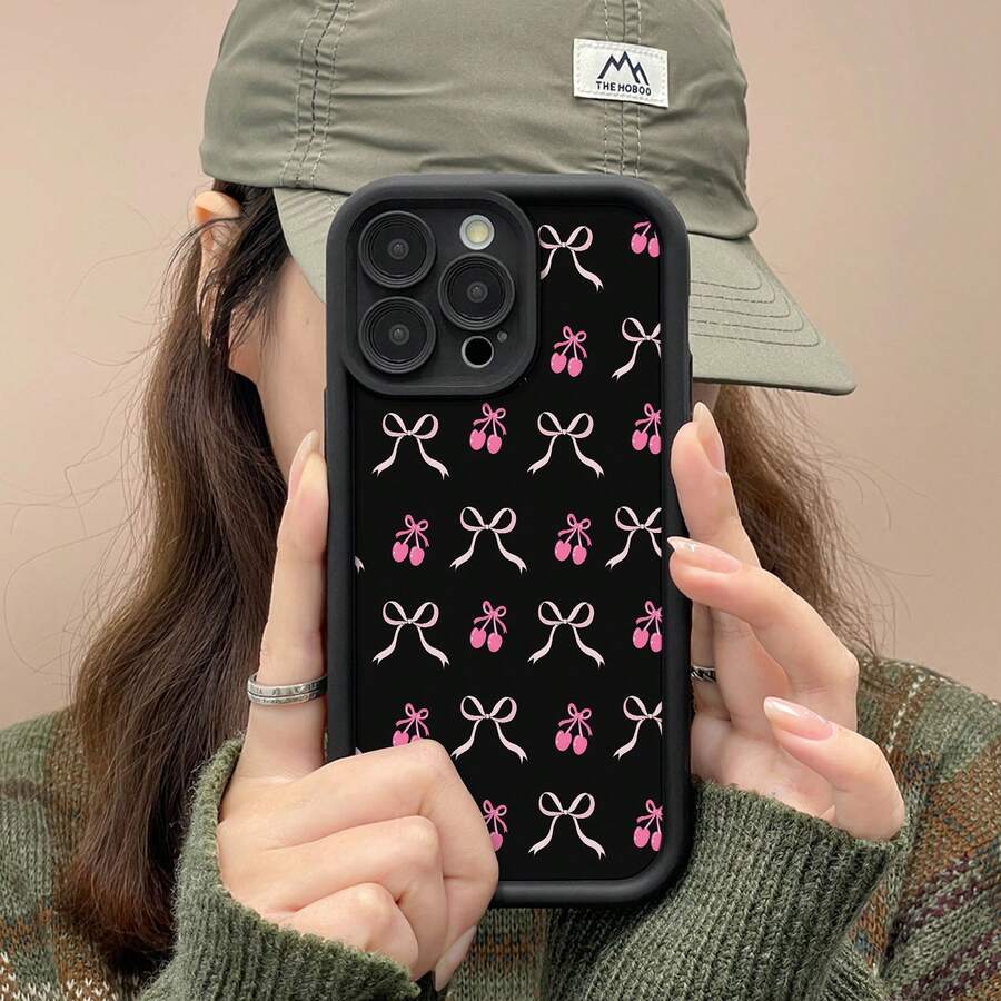 Funda para teléfono con estampado de lazo de cereza, compatible con fundas , 17, 16 Pro Max, 15 Pro Max, 13 y 12. Fabricada en TPU, engrosada, finamente perforada, simple, resistente a caídas y resistente. Un regalo perfecto para familiares, amigos, seres queridos, novios/novias, y para festividades y aniversarios. - Negro - Ver 1