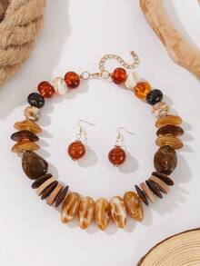 1 Set Handmade Exaggerated Artificial Stone Necklace And Earrings Jewelry Set, Suitable For Women To Wear On Beach Vacation, Parties, And Gatherings - Multicolor - View 10